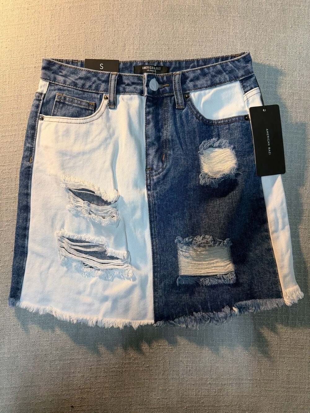 American Bazi RSK-8366 Color Block Distressed Frayed Denim Mini Skirt